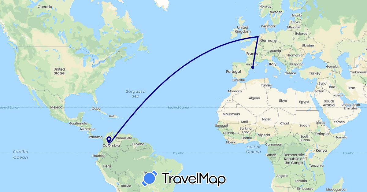 TravelMap itinerary: driving in Colombia, Spain, Netherlands (Europe, South America)